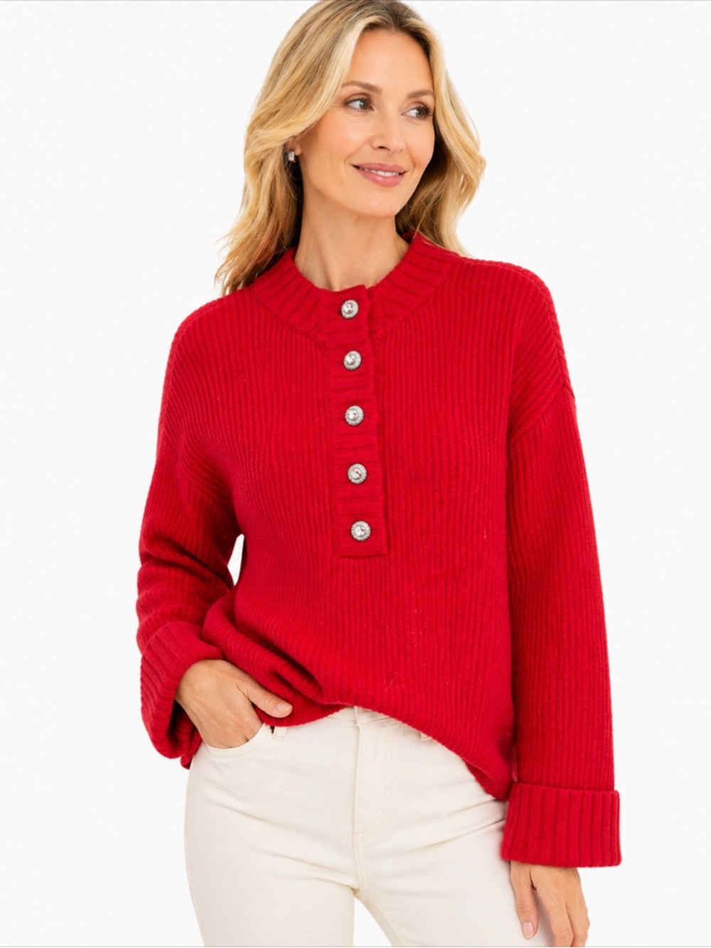 Talbots Red Sweater XL Jeweled Button Pullover Rib Knit Cozy Classic preppy